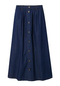 La jupe en jean présente une couleur bleu foncé, une ceinture élastique, une fermeture à boutons sur le devant avec des boutons en métal, et des plis verticaux pour un ajustement décontracté.