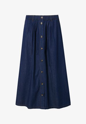 Denim rok met een elastische taille, voorzien van een rij messing knopen aan de voorkant en verticale plooien, in een diep marineblauwe kleur.