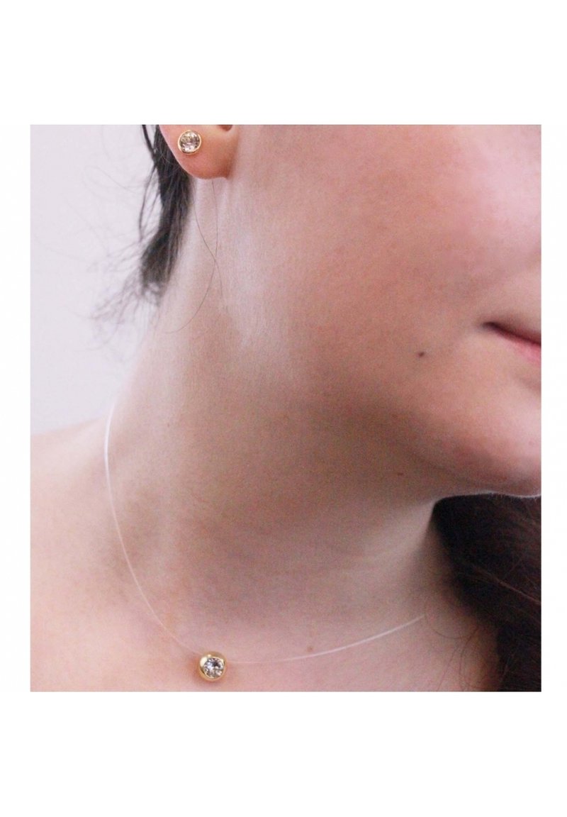 Orecchini color oro e un choker trasparente con un pendente a forma rotonda di cristallo, esposti su un collo. La pelle liscia e i capelli scuri sono visibili.