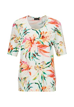 Weißes Kurzarmshirt mit rundem Ausschnitt, mit einem bunten Blumenmuster in den Farbtönen Orange, Pink, Grün und Gelb.