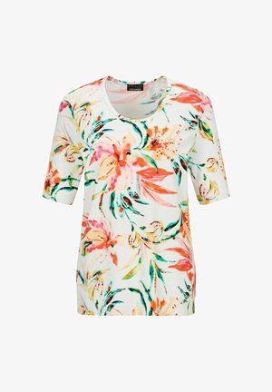 Top bianco a maniche corte con scollo rotondo, caratterizzato da una stampa floreale colorata in tonalità di arancione, rosa, verde e giallo.