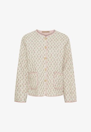Mønstret, letvægtsjakke med blomstermotiv i pastelfarver, der har rund hals, frontknapper og to påsatte lommer. Stribet kant.