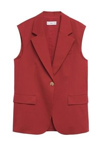 Blazer rouge sans manches avec col cranté, fermeture à un bouton, deux poches avant et une texture lisse.