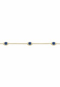 Gouden kettingarmband met drie oogvormige bedels in blauw met zwarte centra, geëmailleerde accenten en een delicate schakeldesign.