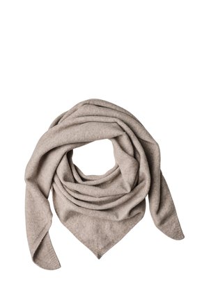 Écharpe tricotée beige douce, pliée en boucle avec des extrémités pointues, présentée sur fond blanc.