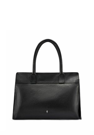 Czarna, prostokątna torebka ze skóry z dwoma solidnymi uchwytami, gładką fakturą oraz małym srebrnym logo umieszczonym na środku u dołu.