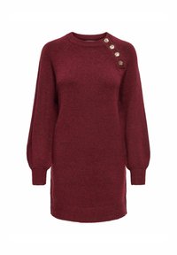 Robe pull tricotée bordeaux avec un col rond, de longues manches ballon, des poignets côtelés et cinq boutons dorés sur l'épaule.