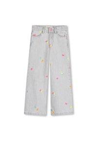 Jeans denim grigi a gamba larga con ricamo di cuori multicolori. Caratterizzati da una texture morbida, cinque tasche e chiusura con bottone.
