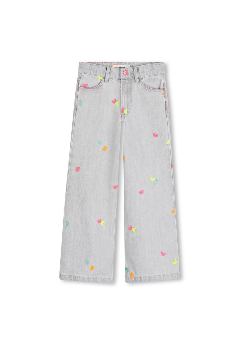 Jeans denim grigi a gamba larga con ricamo di cuori multicolori. Caratterizzati da una texture morbida, cinque tasche e chiusura con bottone.