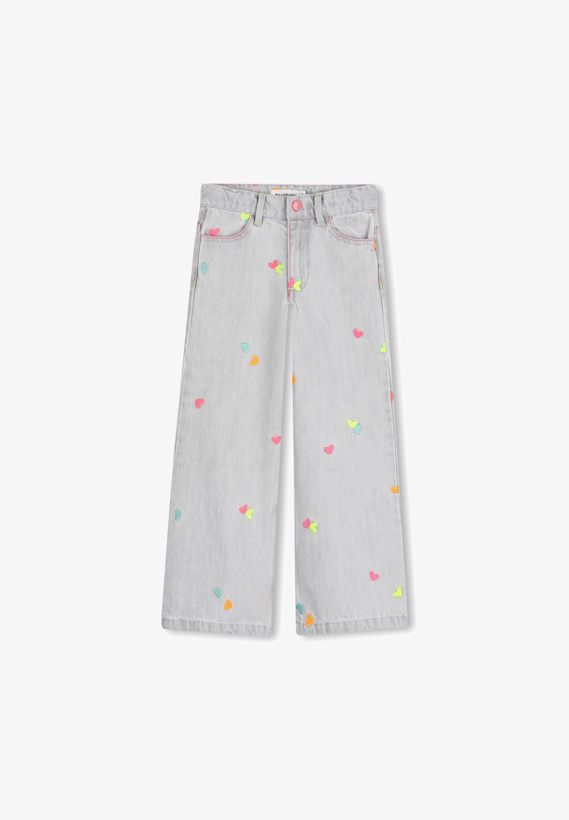 Jeans denim grigi a gamba larga con ricamo di cuori multicolori. Caratterizzati da una texture morbida, cinque tasche e chiusura con bottone.