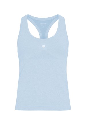 Hellblaues sportliches Tanktop mit Rundhalsausschnitt und Racerback-Design. Verfügt über ein dezentes, strukturiertes Muster auf der Vorderseite und ein Logoakzent.