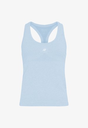 Vaaleansininen urheilullinen toppi, jossa on pyöreä pääntie ja racerback-malli. Edessä hienovarainen tekstuuri ja logo.