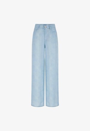 Light blue wide-leg jeans made of denim, featuring a classic five-pocket design, front button closure, and subtle texture.