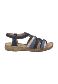 Open-toe women's sandal with navy, blue, and metallic straps, tan cushioned sole, and adjustable ankle strap with hook-and-loop closure.