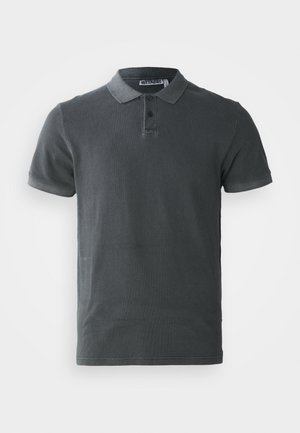Dark gray polo shirt made of cotton, featuring a two-button collar, short sleeves, and a slightly textured fabric. Simple design, no patterns.