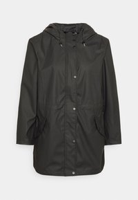 Zwarte lange regenjas met capuchon, drukknopen aan de voorkant, trekkoorden en klepzakken aan beide zijden.