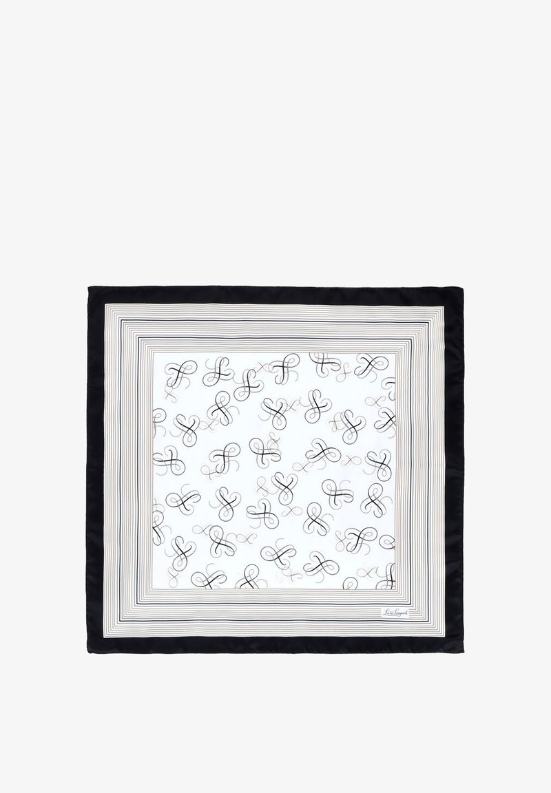 Svila šal s bijelom pozadinom i crno-sivim uzorcima u obliku vrtloga, uokviren tankim crnim i sivim prugama, s crnim obrubom.