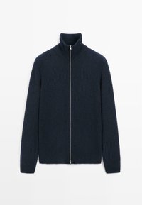 Maglione rigato blu navy con colletto alto, zip completa sul davanti e maniche lunghe. Tessuto testurizzato con un design aderente e spacchi laterali all'orlo.