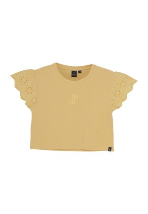 Gelbes, kurzes T-Shirt aus weicher Baumwolle, mit gesticktem Frontdesign und dekorativen Spitzenärmeln.