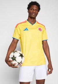 Κίτρινη ποδοσφαιρική φανέλα με μοτίβο πεταλούδας, μπλε λεπτομέρειες και κόκκινες ρίγες στους ώμους. Ο παίκτης κρατάει μια ποδοσφαιρική μπάλα με μοτίβο αστεριών σε ασπρόμαυρη απόχρωση.