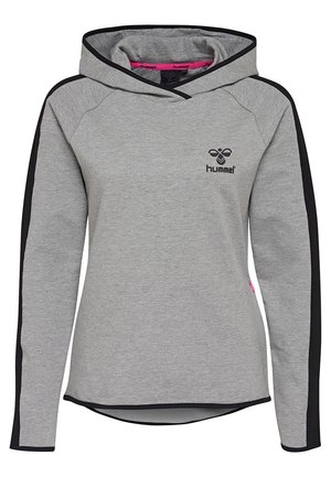 Grå pullover-hoodie med sorte striber på ærmerne, sort kant og et lille sort Hummel bi-logo på venstre bryst.