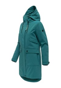 Parka impermeabilă pentru femei în culoarea teal, cu glugă, șnururi reglabile, fermoar frontal, capse, buzunare cu clapetă și închideri cu curele la încheietură.