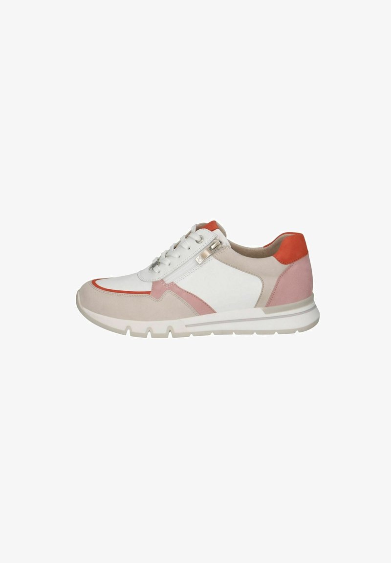 Sneaker, amely fehér, rózsaszín és narancssárga bőr és velúr keverékéből készült, kerek orral, fűzős elülső résszel és tapadós talppal rendelkezik.