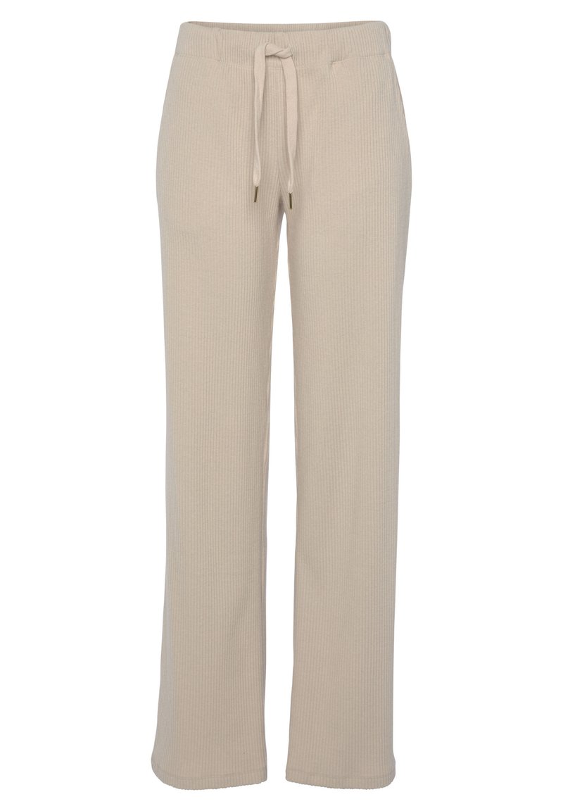 Beige Ripp-Hosen mit einem Kordelzugbund, geradem Bein design und weicher Textur, ausgestattet mit zwei seitlichen Taschen und einem einfachen, klaren Finish.