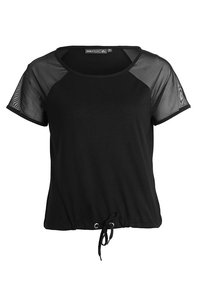 Svart idrottstopp med korta nätärmar, rundad halsringning och dragsko i midjan för justerbar passform. Slät tygtextur.