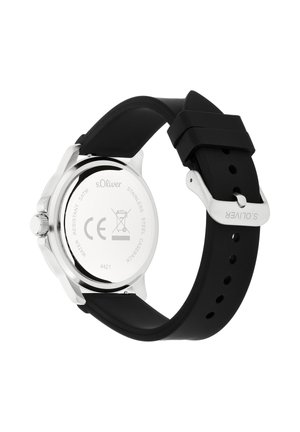 Orologio con cinturino in silicone nero e fondello in acciaio inossidabile, con indicazione di resistenza all'acqua e altri dettagli. Componenti in argento visibili.