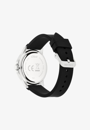 Orologio con cinturino in silicone nero e fondello in acciaio inossidabile, con indicazione di resistenza all'acqua e altri dettagli. Componenti in argento visibili.