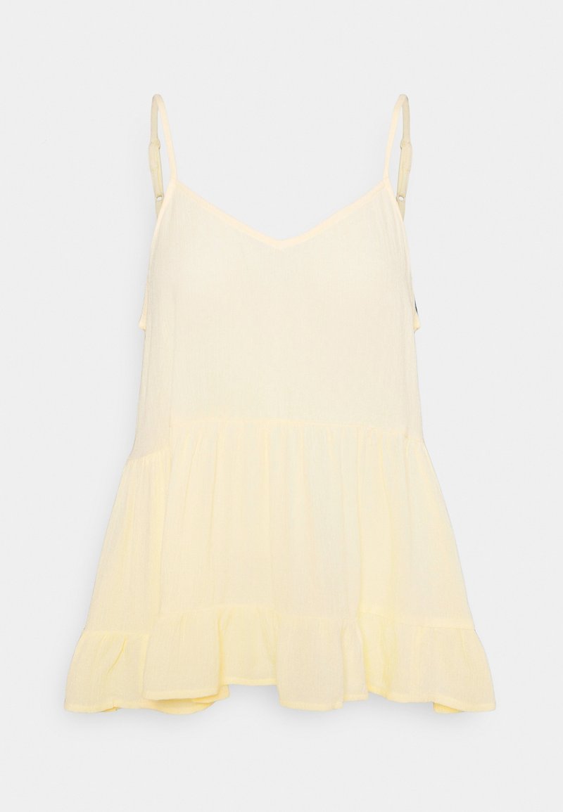 Robe sans manches jaune clair avec fines bretelles ajustables, encolure en V, taille froncée et ourlet à volants.