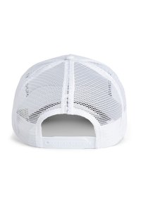 White mesh baseball cap with a solid white back, adjustable plastic snap closure, and a rounded crown shape.