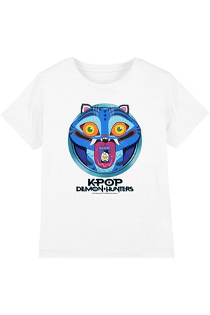 White t-shirt with a colorful blue tiger face graphic showing sharp teeth and the text "KPOP DEMON HUNTERS" below.