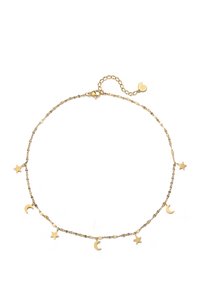Collier en chaîne dorée orné de charms alternés en forme d'étoile et de croissant de lune, avec un fermoir en forme de homard et une chaîne réglable.
