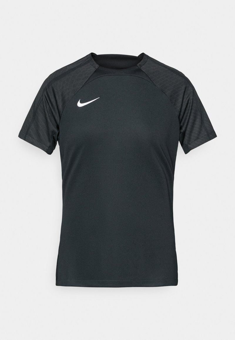 Schwarzes Nike Sport-T-Shirt mit kurzen Raglanärmeln, Rundhalsausschnitt und einem strukturierten Design an den Schultern. Weißes Logo-Detail auf der Vorderseite.