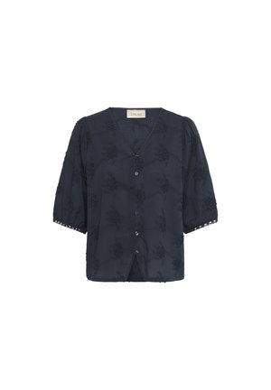 Navy blue blouse with a V-neck, short puffed sleeves, button front, and floral embroidery pattern. Features decorative lace trim at sleeve ends.
