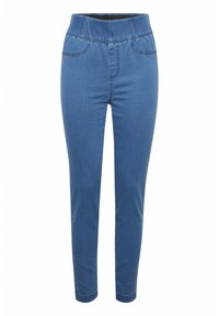 Pantalones de mezclilla azul con un corte ajustado, cinturilla elástica y bolsillos frontales. Textura suave y sin detalles metálicos visibles.