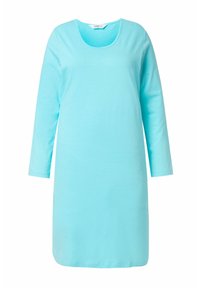 Hellblaues, langärmliges Baumwollkleid mit rundem Ausschnitt und geradem Schnitt, das durch eine weiche Textur und minimalistische Details besticht.