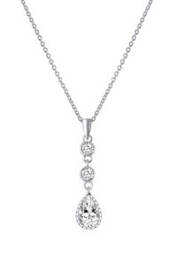 Silberne Halskette mit einer zarten Kette, die ein Tropfendesign aufweist. Drei klare Edelsteine sind vertikal angeordnet, mit einem tropfenförmigen Stein an der Unterseite.