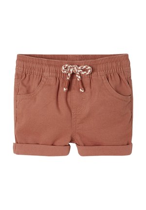 Kuperfarbene Shorts aus Baumwolle mit einem elastischen Bund und einer dekorativen Kordel. Enthält zwei Fronttaschen und umgeschlagene Säume.