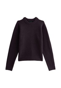 Donkerpaarse lange mouwen crewneck sweater met een geribbelde kraag, manchetten en zoom, gepresenteerd tegen een witte achtergrond.