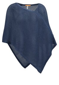 Marinblå mesh poncho med en lös passform, med en asymmetrisk fåll och en vid halsöppning. Texturen är lätt och andas.