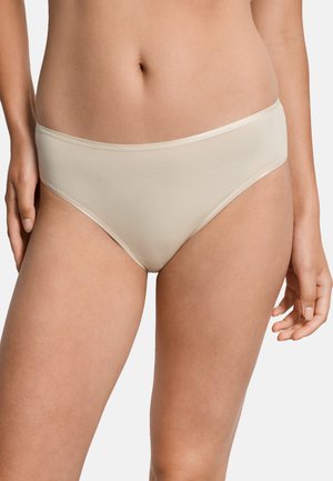 Beige seamless cotton hipster underwear with a smooth texture and soft elastic waistband. Simple design with no visible seams or patterns.