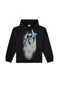 Felpa nera con cappuccio in cotone. Presenta una tasca frontale, un cappuccio con cordino e un design a spruzzo grigio con un accento blu sull'etichetta.