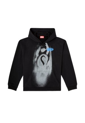 Černá mikina z bavlny. Má přední kapsu, kapuci se stahovací šňůrkou a šedý design ve stylu spreje s modrým akcentem na štítku.