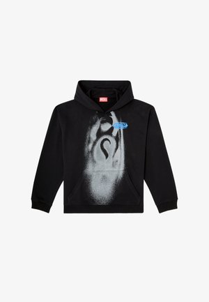 Svart hoodie i bomull. Har en framficka, snörmgränd samt en grå sprayfärgsdesign med en blå etikettaccent.