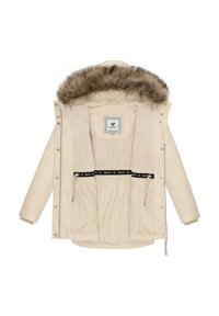 Beige parka jas met een nepbont capuchon, voorzien van een zachte, gevoerde binnenkant, ritszakken en verstelbare koordjes in de taille.