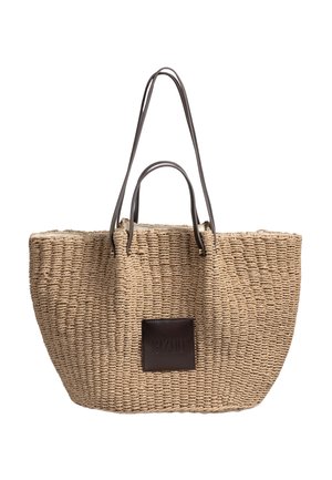 Beige woven tote bag with two short and two long dark brown handles and a dark brown square patch with "BIZUU" text on front.