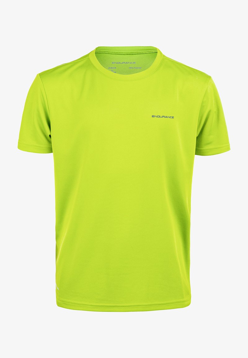 Ljusgrön kortärmad atletisk t-shirt i lätt material, med rund halsringning och en liten logotyp på framsidan.